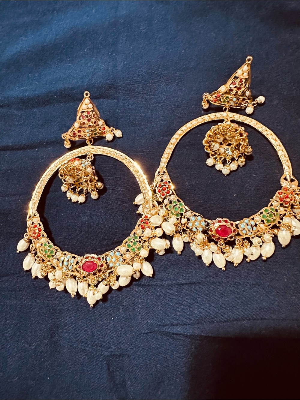 Gold-Tone Multistone Hoop Earrings with Pearl Drops - pure Jadau Kundan in brass